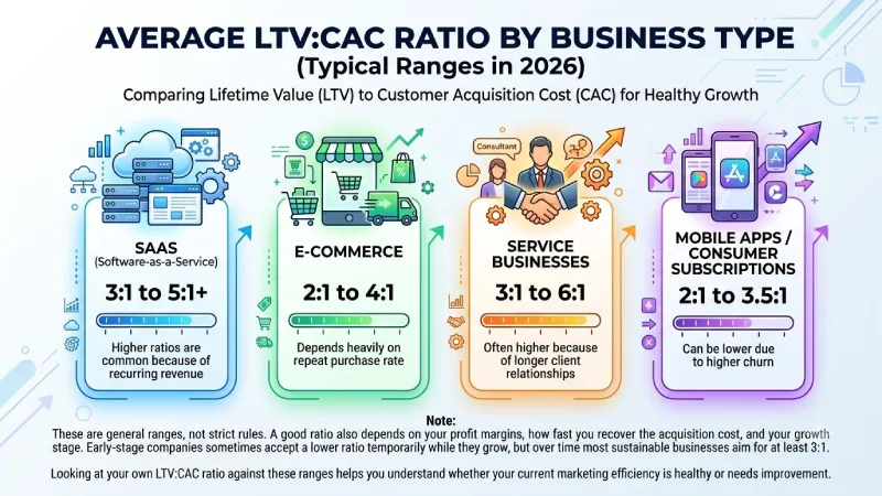 average ltv:cac ratio by business type (typical ranges in 2026)